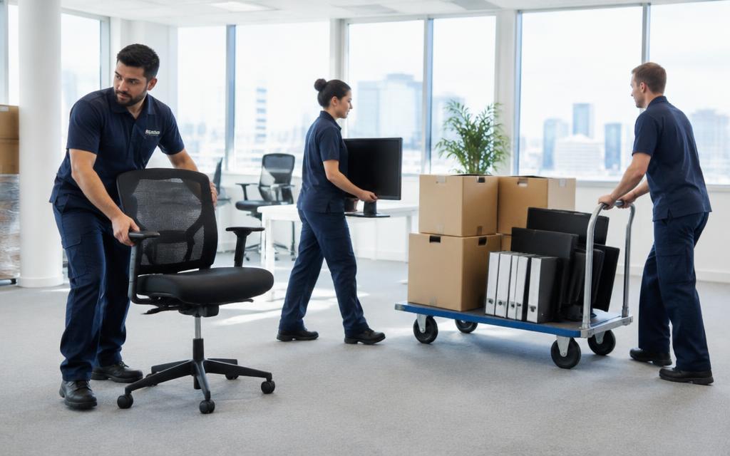 Movers moving office chairs, boxes and IT equipment