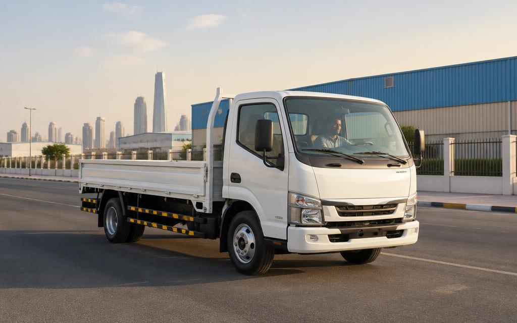 Flatbed pickup truck with driver on an industrial street in Sharjah