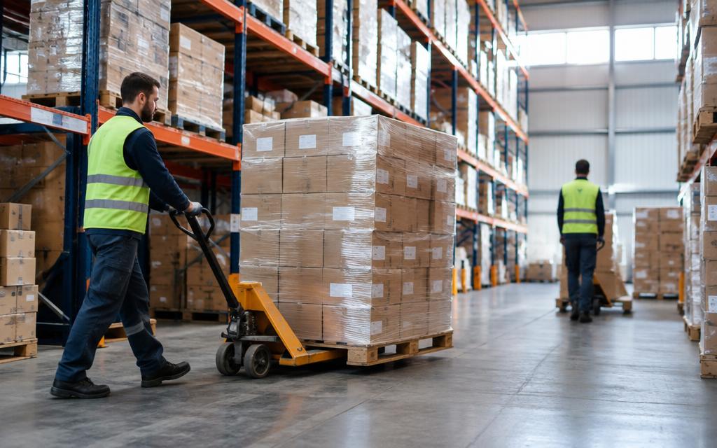 Workers moving wrapped pallets inside a warehouse